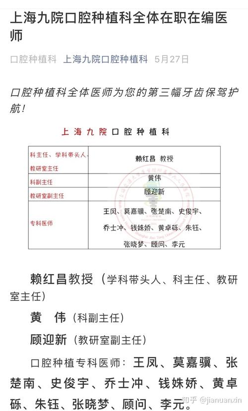 九院种植牙医生出诊信息-九院种植牙专家名单