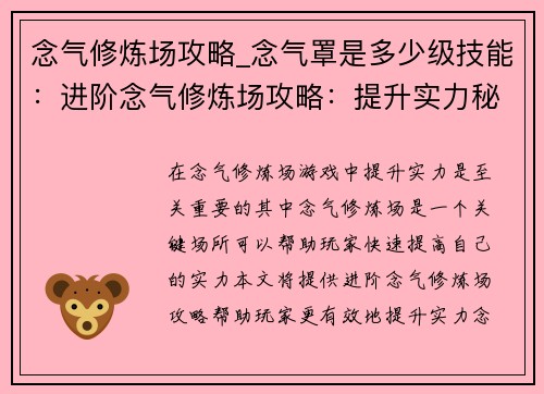 念气修炼场攻略_念气罩是多少级技能：进阶念气修炼场攻略：提升实力秘笈